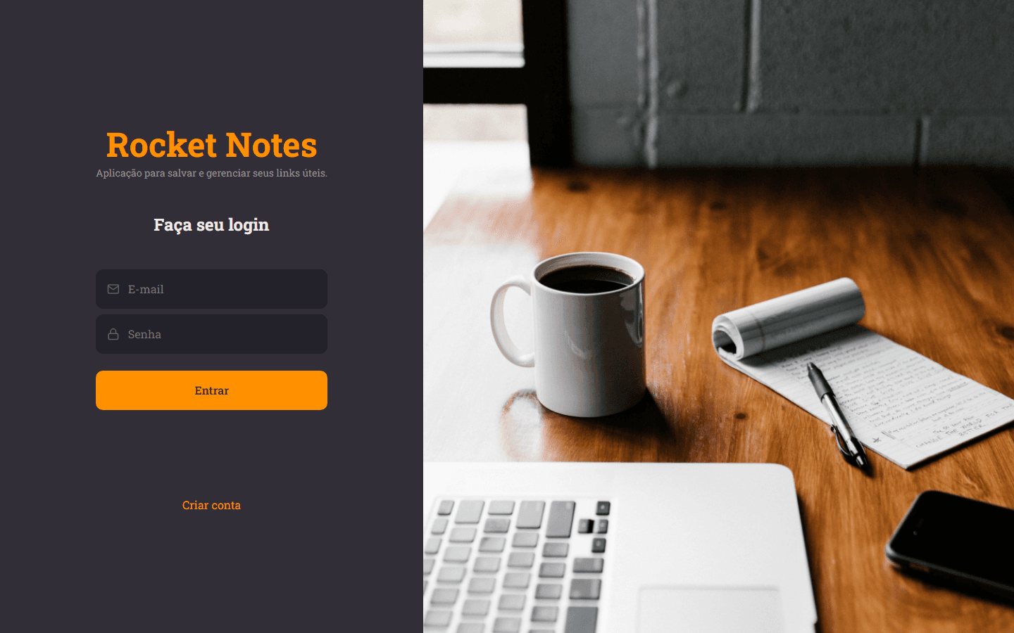 RocketNotes — Aplicação de notas com criação, edição, exclusão, tags e busca, integrando frontend em React a uma API própria em Node.js.